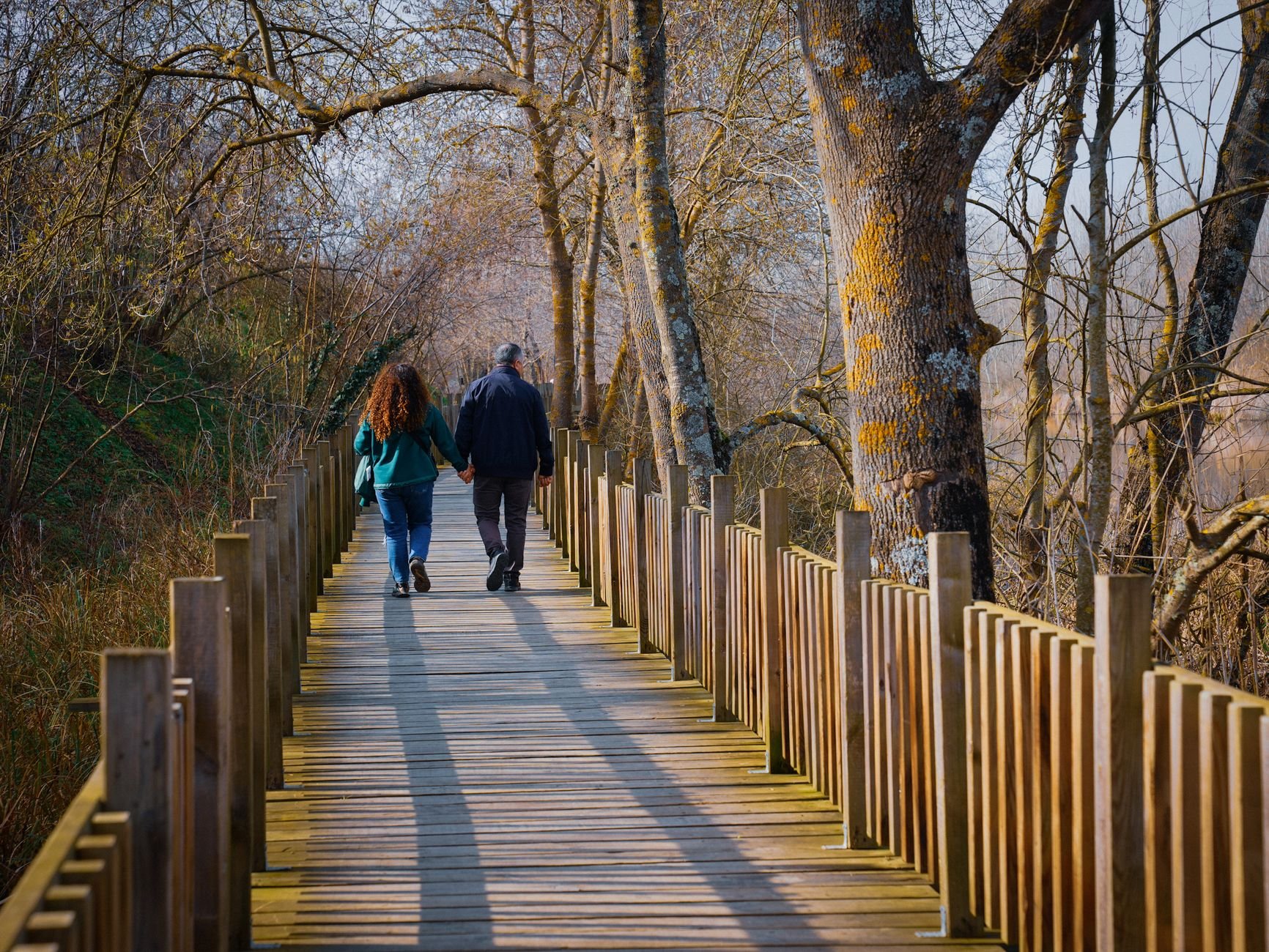 A couple walks hand in hand on a tranquil wooden pathway surrounded by nature.